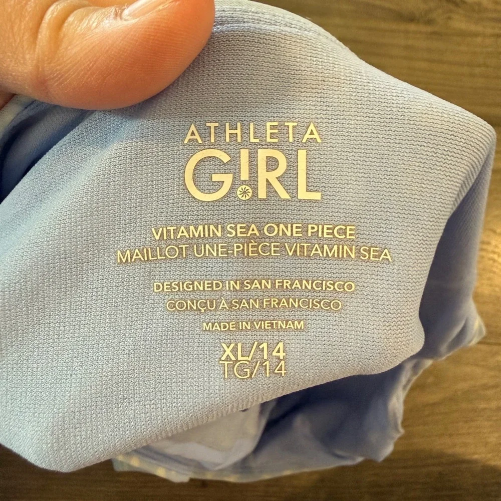 Athleta Girl Vitamin Sea One Piece Swimsuit Blue Zebra Print XL 14
